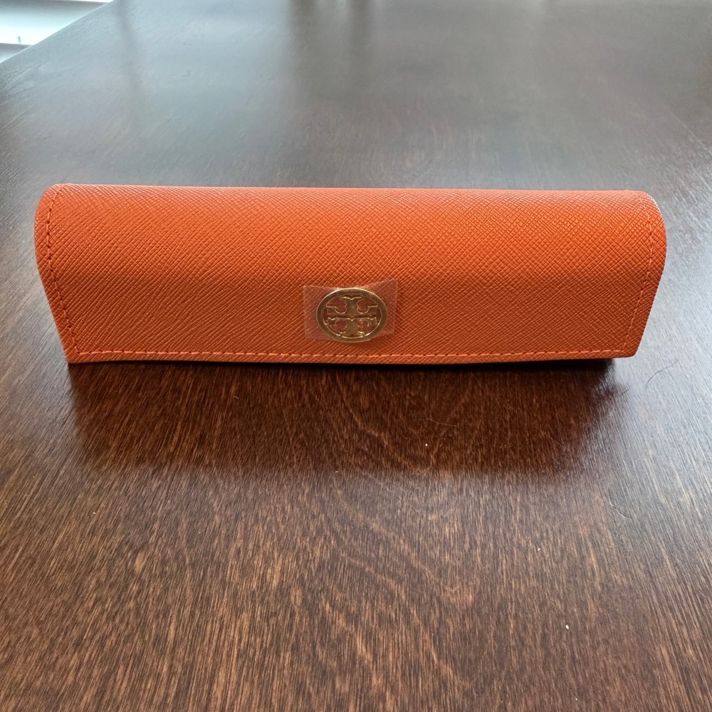 Tory Burch Orange Saffiano Leather Sunglasses Case Gold Logo Hard Shell Eyewear